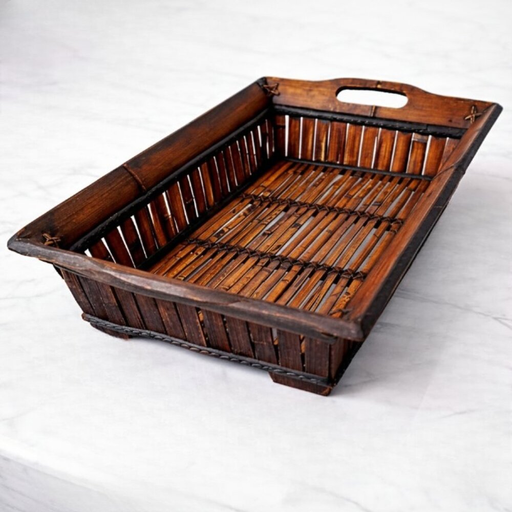 Handcrafted Bamboo Serving Tray with Solid Wood Frame and Handles